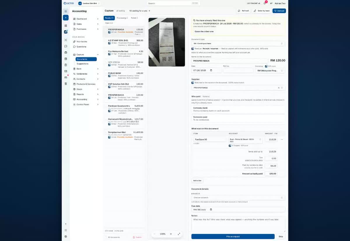 A walkthrough of the OCTIS capture screen, opening on the whole app and then moving in: a photographed fuel receipt, a duplicate warning, the document type, supplier, amount, date and currency each with a confidence, the account chosen automatically, and the button that files it into the ledger.
