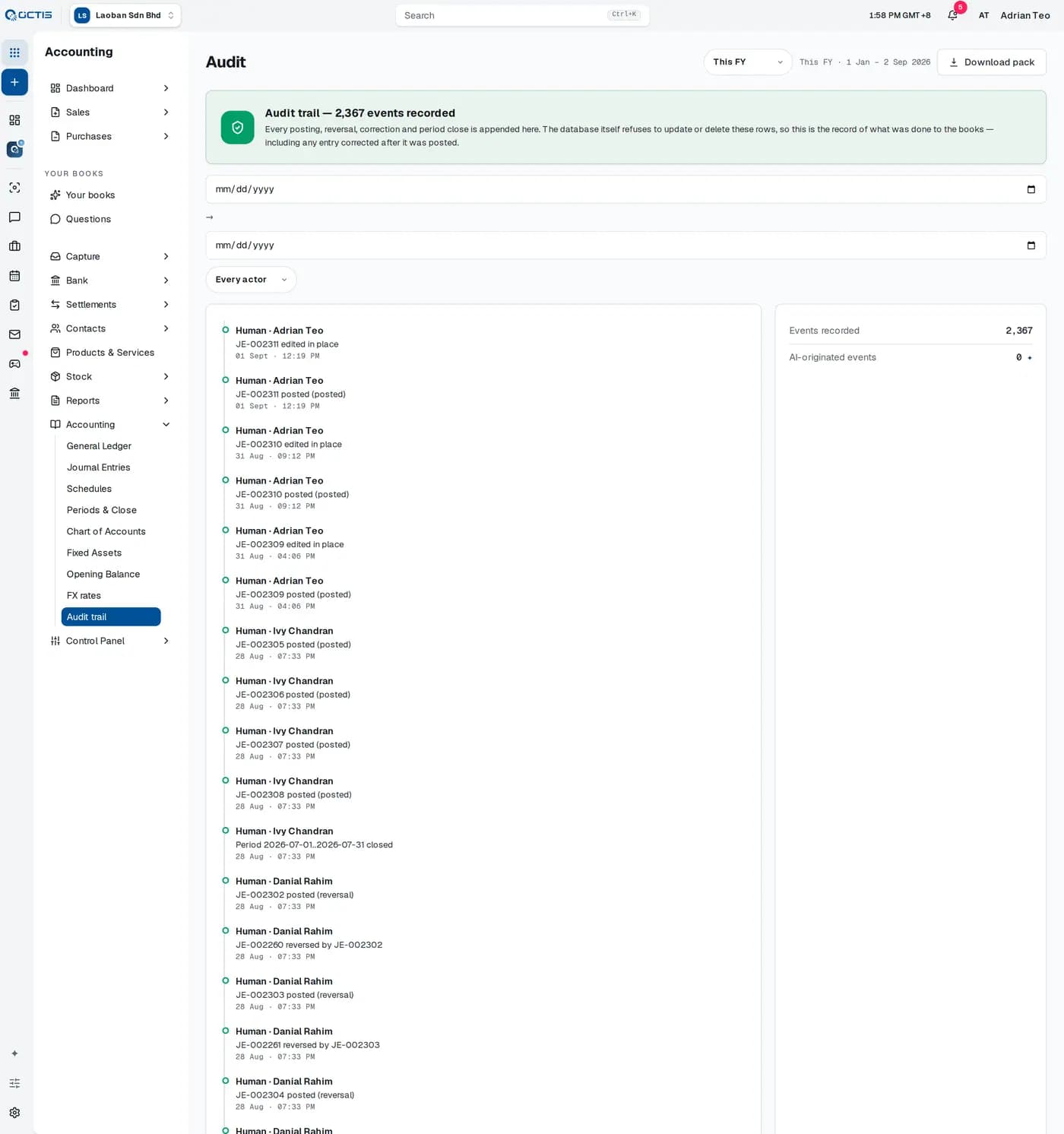 The OCTIS audit trail screen listing recorded events with the actor and time of each