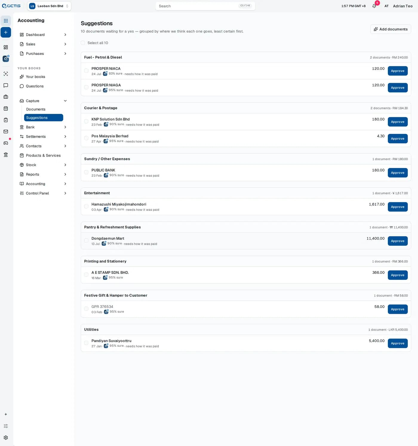 The OCTIS suggestions screen: documents grouped by account with an approve button on each